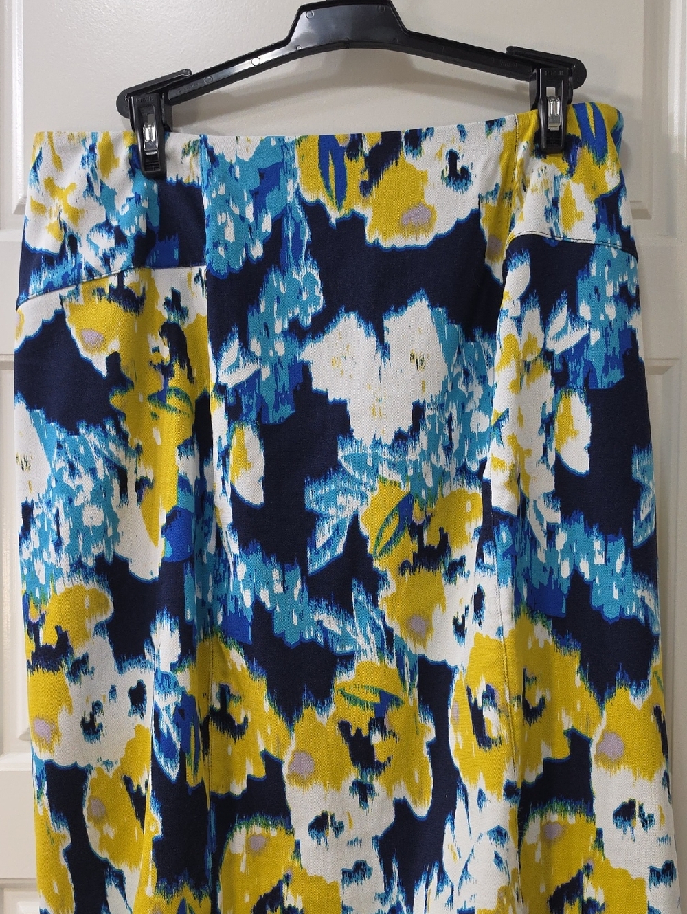 Lysse Navy, Yellow & Teal Abstract Floral Midi Skirt LARGE
